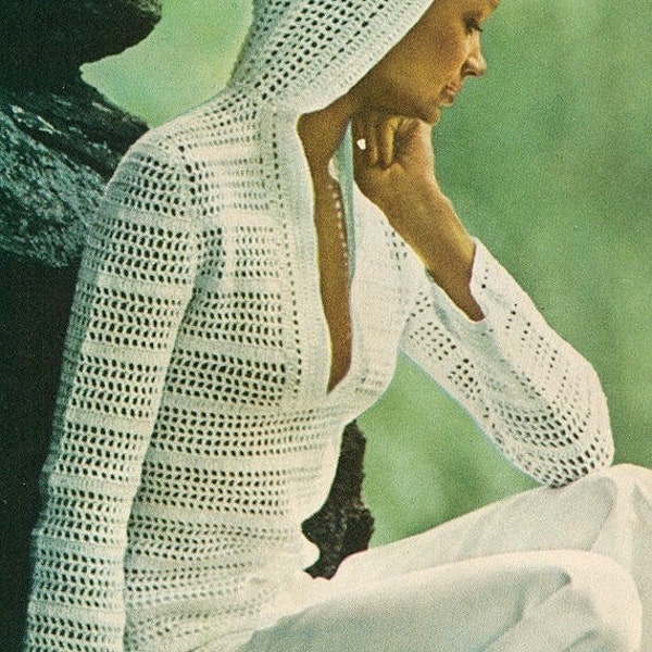 70s INSTANT  PDF PATTERN Vintage Filet Mesh Lace Crochet Hooded Summer Pullover Top Sweater Plunging Neckline Beach Bathing Suit Coverup