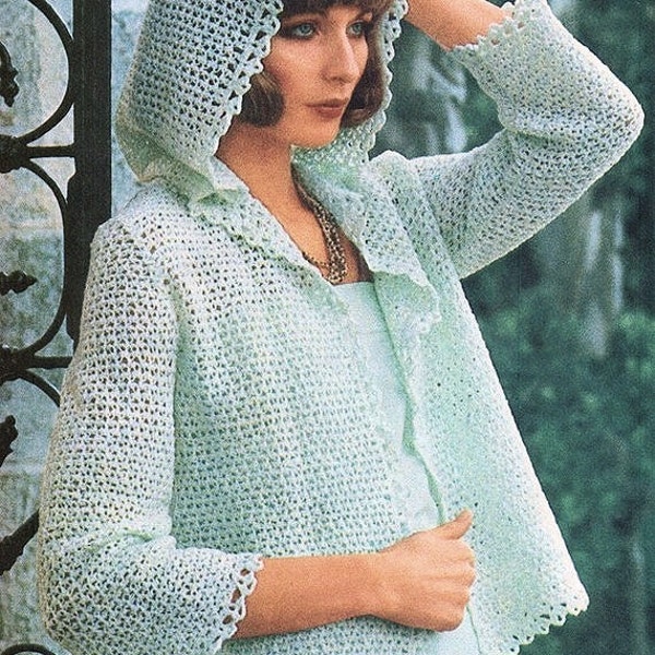 INSTANT PDF PATTERN 70s Vintage Lacy Crochet Pattern Hooded Summer Boxy Jacket Sweater Beautiful For Wedding Bridal