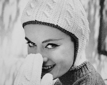 INSTANT DOWNLOAD  PDF 1960 Vintage Crochet Pattern Flirty Crocheted Helmet and Mittens Pattern  Adult and Childrens 60s Ski Resort Fashion