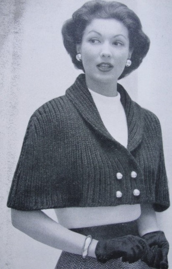 Instant Download Pattern 1950s Lovely Cape Stole Wrap PDF Knitting Pattern  Classy Shawl Collar Front Button Capelet