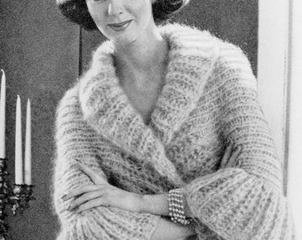 INSTANT PDF PATTERN 1960s Vintage Knitting Pattern Shrug Sweater Jacket Lovely Shawl Collar Bell Sleeves Day or Evening Unique Knit Pattern