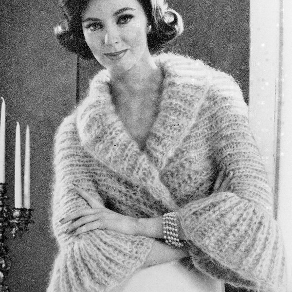 INSTANT PDF PATTERN 1960s Vintage Knitting Pattern Shrug Sweater Jacket Lovely Shawl Collar Bell Sleeves Day or Evening Unique Knit Pattern