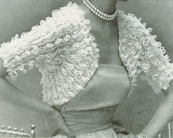 1950s Vintage Womens Knit SHRUG Pattern Lacey Fan Sleeved Sweater Bolero Cape Lovely For Bride Wedding Printed Paper Knitting Pattern