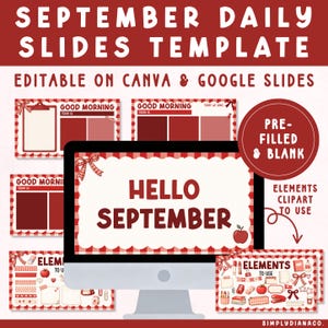 May include: A digital template for September daily slides featuring a red and white gingham theme. The display shows the text Hello September on a computer screen, surrounded by various slide layouts, clip art elements, and labels.