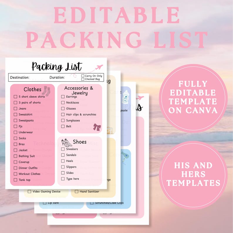 Editable Packing List | Travel Packing Checklist | Canva Printable and ...