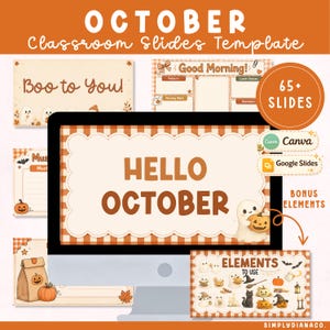 May include: A digital classroom slides template for October featuring a Halloween theme with ghosts, pumpkins, and autumn leaves. The display shows the text Hello October on a computer screen, with additional slide previews and 65 slides total.