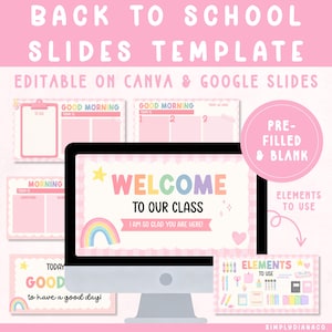 May include: A digital back to school slides template displayed on a computer monitor, featuring pastel-colored text and graphics. The slides include headers like Welcome To Our Class, Good Morning, and To Do lists, with editable elements for Canva and Google Slides.