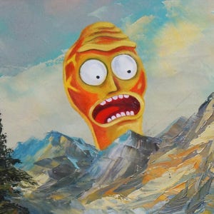 May include: A painting of a yellow and orange cartoon face with a wide open mouth and large eyes. The face is set against a background of blue and white mountains.