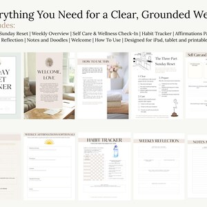 May include: A digital planner with a minimalist design, featuring sections for a Sunday reset, weekly overview, self-care, habit tracking, affirmations, and notes. The planner includes the text "Everything You Need for a Clear, Grounded Week."