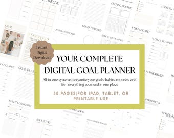 Planificador de objetivos (PDF): organización de la vida, planificador diario, semanal y mensual, seguimiento de hábitos, bienestar y productividad. Descarga digital.