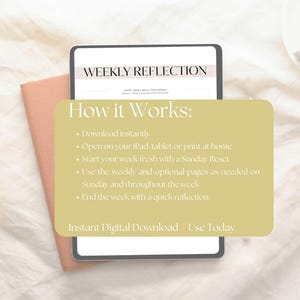 May include: A digital weekly reflection planner displayed on a tablet. The screen shows "WEEKLY REFLECTION" and "How it Works" instructions. A peach-colored notebook and a cup of coffee are also in the image. A yellow tulip is in the corner.
