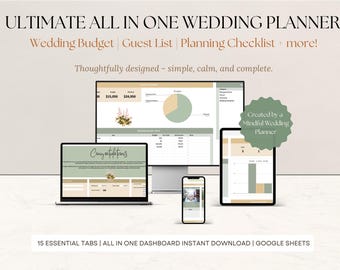 May include: An image of a wedding planner displayed on multiple devices, including a laptop, desktop monitor, tablet, and smartphone. The planner includes sections for budget, guest list, and checklists. Text on the image reads "ULTIMATE ALL IN ONE WEDDING PLANNER".