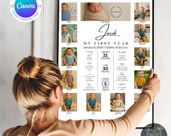 Editable Baby First Year Photo Collage | Monthly Milestone Canva Download | 12 Photo Poster for Baby’s 1st Birthday | Instant Digital Print
