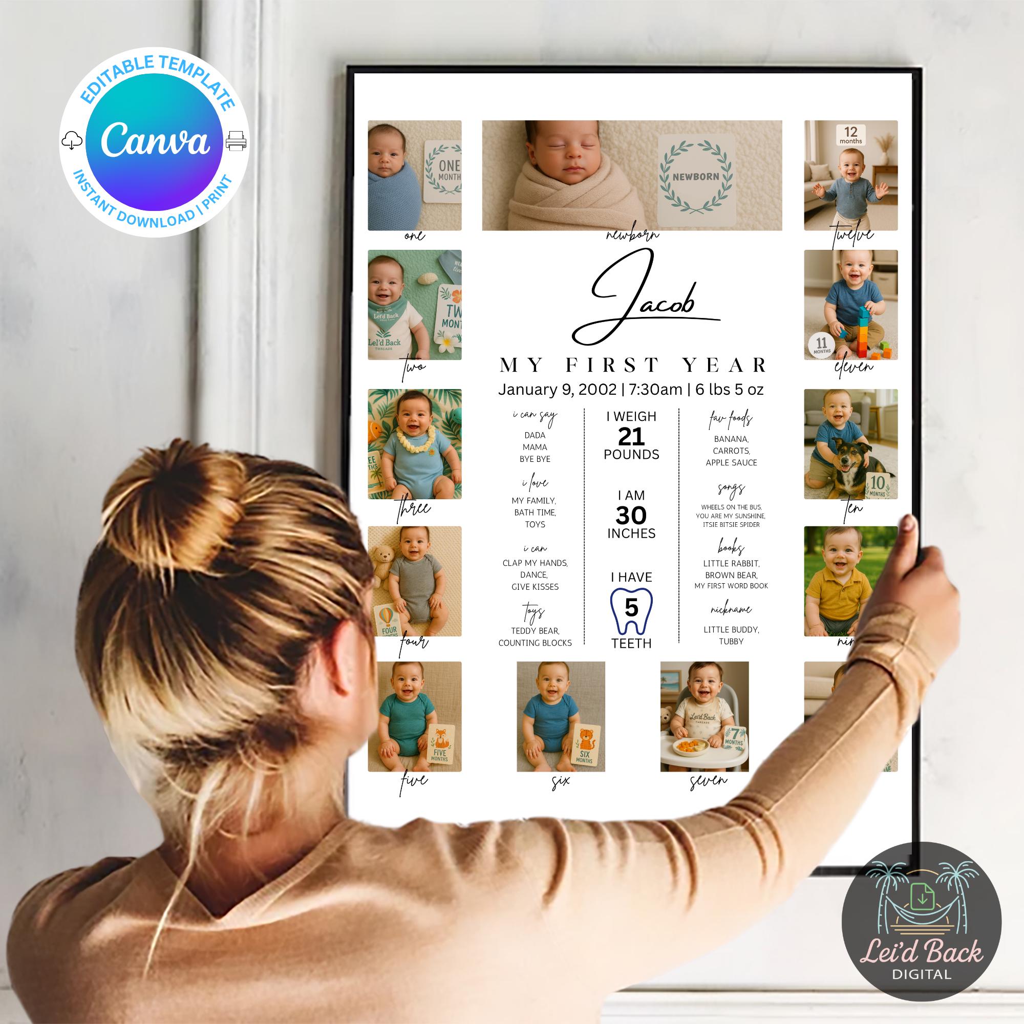 First Year Collage Math Editable Baby First Year Photo Collage | Monthly Milestone Canva ...