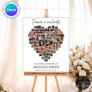 May include: A white memorial sign on an easel, featuring a heart-shaped collage of photos. The text "Forever in our hearts" is above the photo collage. Below the collage is the text "In loving memory of Michael Smith, March 15, 1938 - June 17, 2023."