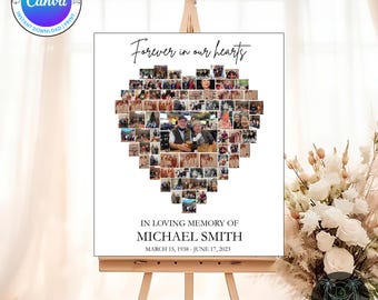 Funeral Photo Collage Template Heart Shape | Canva Editable Memorial Board | 74 Photo Digital Download | Celebration of Life Poster