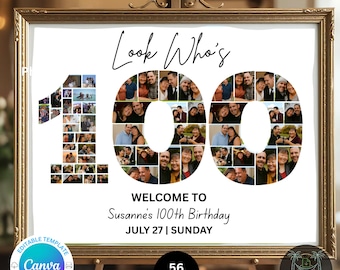 Editable 100th Birthday Photo Collage Welcome Sign Template | Canva Digital Download | Party Poster | Instant Download