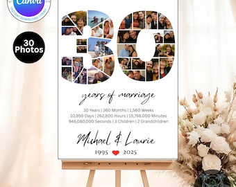 30th Anniversary Photo Collage Template | Canva Editable Digital Download | 30 Years of Marriage Gift | Printable Heartfelt Keepsake