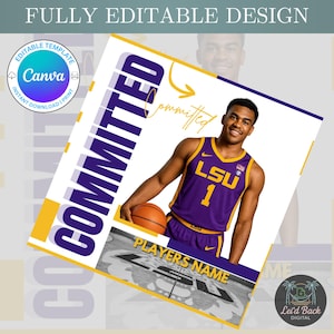 Può includere: Un modello di design digitale con un giocatore di basket in maglia viola e oro. Il design include il testo "COMMITTED" e "PLAYERS NAME", con il logo Canva e le parole "FULLY EDITABLE DESIGN".