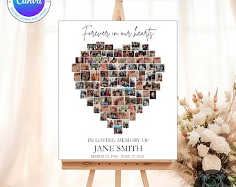 Funeral Photo Collage Template Heart Shape | Canva Editable Memorial Board | 85 Photo Digital Download | Celebration of Life Poster