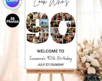 Editable 90th Birthday Photo Collage Welcome Sign Template | Canva Digital Download | Party Poster | Instant Download
