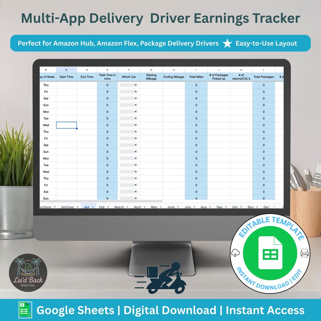 Amazon Hub Delivery Tracker Spreadsheet, Driver Earnings Log, Mileage ...
