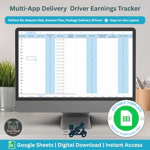 Puede incluir: Un monitor de computadora muestra una hoja de cálculo titulada "Multi-App Delivery Driver Earnings Tracker". La pantalla muestra columnas para tiempos, kilometraje y paquetes. El texto incluye "Easy-to-Use Layout" y "Google Sheets | Digital Download | Instant Access."