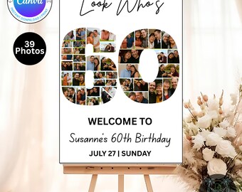 Editable 60th Birthday Photo Collage Welcome Sign Template | Canva Digital Download | Party Poster | Instant Download