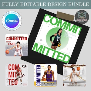 May include: A design bundle with templates for sports team graphics. The templates include the word "COMMITTED" and feature athletes in basketball and volleyball uniforms. The templates are fully editable and available for instant download and print.
