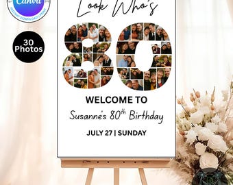 Editable 80th Birthday Photo Collage Welcome Sign Template | Canva Digital Download | Party Poster | Instant Download