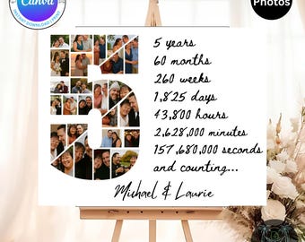 Editable 5 Year Anniversary Photo Collage Template | Canva Digital Download | Custom Heart Photo Gift for Couples & Milestones
