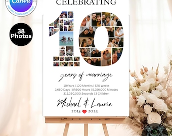 Editable 10 Year Anniversary Photo Collage Canva Template | Digital Download | 38 Picture Heart Poster | Printable Couple Gift