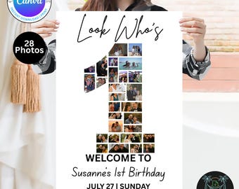 Editable 1st Birthday Photo Collage Welcome Sign Template | Canva Digital Download | Party Poster | Instant Download
