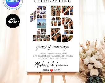 15 Year Anniversary Photo Collage Canva Template | Editable Digital Download | 15th Wedding Gift for Couples | Printable Milestone Poster