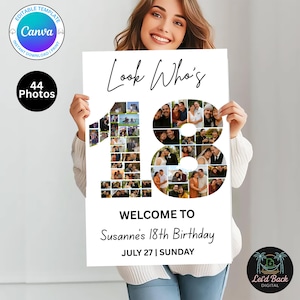 Plantilla de cartel de bienvenida editable para collage de fotos de 18 cumpleaños / Descarga digital de Canva / Póster de fiesta / Descarga instantánea