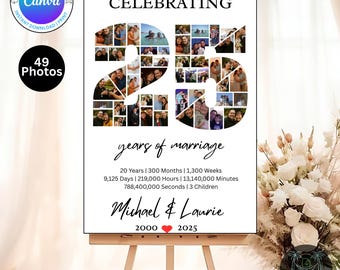 25 Year Anniversary Photo Collage Template Canva Editable • 49 Photo Digital Download • Printable Gift for Couple • 25th Wedding Keepsake