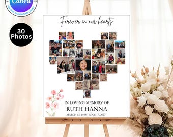 Funeral Photo Collage Template Heart Shape | Canva Editable Memorial Board | 30 Photo Digital Download | Celebration of Life Poster