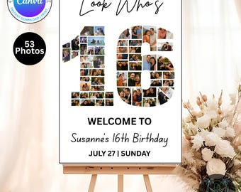 Editable 16th Birthday Photo Collage Welcome Sign Template | Canva Digital Download | Party Poster | Instant Download