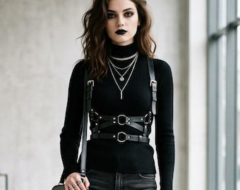 Handmade Black Cowhide Leather Chest Harness for Women Genuine Leather Body Harness Adjustable Festival Gothic Outfit Gift for Her