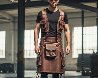Handmade Brown Cowhide Leather Vest and Kilt with Cargo Pockets Men Genuine Leather Utility Kilt Set Scottish Outfit Gift for Him