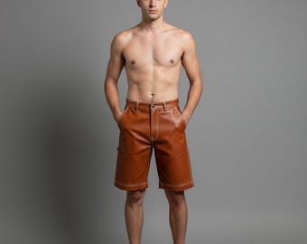 Handmade Brown Cowhide Leather Mens Shorts, Premium Leather Shorts for Men, Stylish Biker Shorts, Gift for Him, Durable Luxury Leather Wear