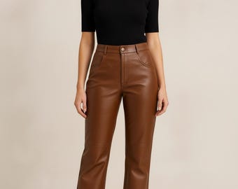 Vintage Dark Brown Leather Pants | Women's Slim Fit Cowhide Trousers