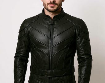 Genuine Cowhide Leather Jacket | Black Biker Jacket with Belt