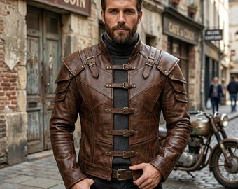 Handmade Brown Cowhide Leather Armor Jacket for Men, Brown Leather Biker Jacket, Motorcycle Armor Coat, Rugged Leather Fashion, Gift for Him