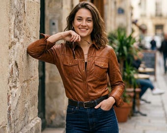 Handmade Brown Cowhide Leather Shirt for Women, Light Brown Leather Biker Shirt, Stylish Leather Top for Women, Gift for Her