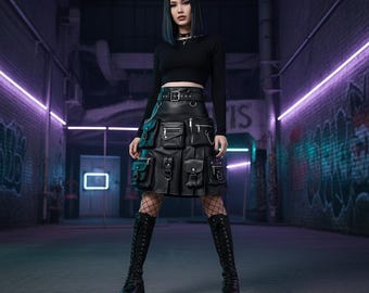 Handmade Black Cowhide Leather Ultra Cargo Kilt for Women Genuine Leather Utility Kilt with Pockets Gothic Festival Gift for Her