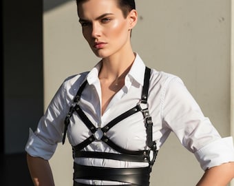 Handmade Black Cowhide Leather Chest Harness Women Real Leather Body Harness Adjustable Strappy Festival Outfit Gothic Fashion Gift for Her
