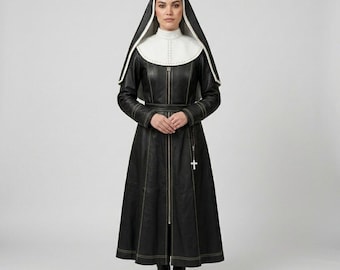 Handmade Black Cowhide Leather Nun Costume, Gothic Leather Nun Outfit for Women, Sexy Dark Nun Dress, Cosplay Costume, Gift for Her