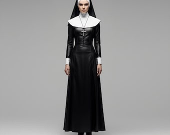 Handmade Cowhide Leather Nun Costume for Women | Premium Gothic Black Leather Outfit | Cosplay, Party Wear, Gift for Her