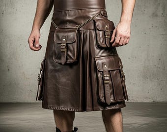 Handmade Brown Cowhide Leather Cargo Kilt for Men Genuine Leather Utility Kilt with Pockets Scottish Style Gift for Him